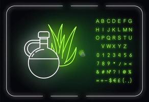 olja neon ljus ikon. växtbaserad hudvård. aloe vera juice i glasflaska. naturlig hudvård. yttre glödande effekt. tecken med alfabet, siffror och symboler. vektor isolerade rgb färg illustration