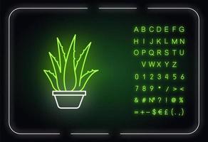 Zimmerpflanze Neonlicht-Symbol. Aloe Vera im Topf. Kaktussprossen, saftige Blätter. dekorative Pflanze. äußerer Leuchteffekt. Schild mit Alphabet, Zahlen und Symbolen. Vektor isolierte RGB-Farbillustration