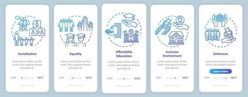 inkluderande utbildning onboarding mobil app sidskärm med koncept. särskilda villkor för funktionshindrade genomgång av fem steg grafiska instruktioner. ui vektormall med rgb-färgillustrationer vektor