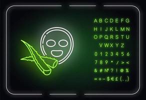 Symbol für Neonlicht der Gesichtsmaske. Spa-Verfahren. Kosmetologie. Aloe Vera Sprossen, Pflanzenblätter. äußerer Leuchteffekt. Schild mit Alphabet, Zahlen und Symbolen. Vektor-isolierte RGB-Farbabbildung vektor