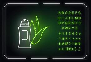 Bio-Deodorant-Neonlicht-Symbol. pflanzliches Antitranspirant. Hautpflege mit Heilkräutern. äußerer Leuchteffekt. Schild mit Alphabet, Zahlen und Symbolen. Vektor isolierte RGB-Farbillustration