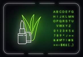 Bio-Lippenbalsam-Neonlicht-Symbol. Bio-Kosmetik mit Aloe-Vera-Extrakt. Kosmetik auf pflanzlicher Basis. äußerer Leuchteffekt. Schild mit Alphabet, Zahlen und Symbolen. Vektor isolierte RGB-Farbillustration