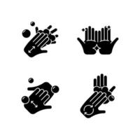 tvätta händer instruktion svart glyf ikoner på vitt utrymme. gnugga ihop händerna med tvål. kopp fingrar. gnugga handflatorna med fingrarna. rena händer. siluett symboler. vektor isolerade illustration