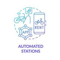 Automatisierte Stationen blaues Gradientenkonzept-Symbol. Fahrrad-Sharing-Kategorie abstrakte Idee dünne Linie Abbildung. Smartphone-App verwenden. Fahrzeug an einem anderen Dock zurückbringen. Vektor isolierte Umriss-Farbzeichnung