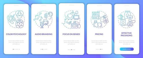 Neurowissenschaften im Marketing Onboarding mobiler App-Seitenbildschirm. Sinnesmanipulation Walkthrough 5 Schritte grafische Anweisungen mit Konzepten. ui, ux, gui-Vektorvorlage mit linearen Farbillustrationen