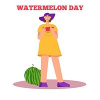 Tag der Wassermelone. Mädchen isst Wassermelone. flache Vektorillustration vektor
