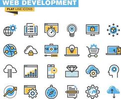 flache Liniensymbole für Website-Entwicklung, mobile Website-Entwicklung, Programmierung, SEO, App-Entwicklung, Website-Wartung, Online-Sicherheit, responsives Design, Cloud-Computing. vektor