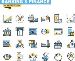 flache Liniensymbole für Banking, Finanzen, Geldtransfer, Online-Zahlung, M-Banking, Investitionen, Ersparnisse, Internet-Zahlungssicherheit. vektor