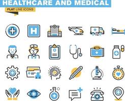 platt linje ikoner uppsättning av hälsovård och medicin tema, medicinska tjänster, diagnos och behandling, laboratorium, klinik och sjukhus. vektor