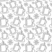 seamless mönster av snöflingor och kopp choklad i doodle stil, vitt och svart. vinterdekor för jul och nyår. design av textilier, omslagspapper, kort, bakgrund. vektor illustration