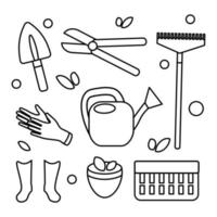 Gartengeräte Icon Set Vektorgrafik Ausrüstung Umriss Doodle Sammlung Flache Strichzeichnungen Zeichnung Rechen Handschuhe Gummistiefel Schaufel Topf Gießkanne Farm Hobby Frühjahrssaison vektor