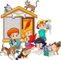 Kinder mit ihren Hunden und Katzen auf weißem Hintergrund vektor