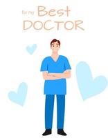 für beste Arztkarte danke Medizin Banner im flachen Stil isoliert auf weißem Vektor Mann Charakter medizinischer Arbeiter