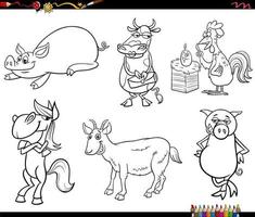 Cartoon Farm Animal Charaktere Set Malbuch Seite vektor