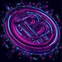 rosa och blå illustration av ett digitalt mynt och ett färgglatt stänk. neonkonst av en bitcoin under UV-ljus. digital marknadsföring och onlinebankkoncept. vektor