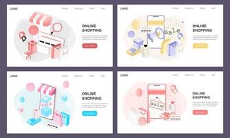 uppsättning 3d-realistisk online-shopping på landningswebbsida eller mobilapplikationskoncept för digitala marknadsföringsmallar för vektor. isometrisk papperskonst för digital butikskampanj, betalning, stor försäljning, annonser. vektor