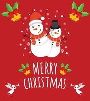 süße grußkarte frohe weihnachten mit zwei süßen schneemannbrüdern und weihnachtsglocken in rotem hintergrund. vektor
