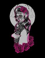 illustration vektor socker skalle kvinna tatuering med ros blomma