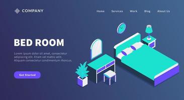sovrumskoncept med säng och garderobsspegel för webbplatsmall eller landningshemsida vektor