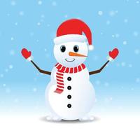 Weihnachtsschneemann mit Weihnachtsmütze. Schneefallhintergrund mit einem Schneemann. Schneemann mit roten Handschuhen. Weihnachtselementdesign mit einem realistischen Schneemann, Holzstäbchen mit roten Weihnachtsmannhandschuhen und einem Schal. vektor