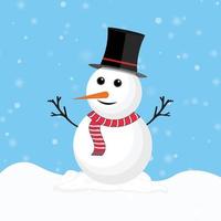 jul snögubbe med magiker hatt. snö faller bakgrund med en snögubbe. snögubbe med en röd halsduk. julelementdesign med trädgren, svart hatt, morotsnäsa och snöflingor. vektor