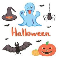 Halloween-Set aus Kürbissen, Fledermäusen, Hut, Spinne und Geist vektor
