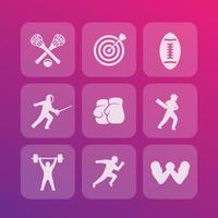 Sportsymbole gesetzt, Bogenschießen, Boxen, Sprinter, Lacrosse, Cricket, Laufen, Armdrücken, Fechten, Fußball, Gewichtheben vektor