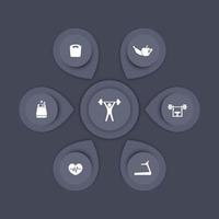 Aspekte des Fitnesstrainings, Fitness, moderne Symbole, Infografikelemente, graue Vorlage, Vektorillustration vektor