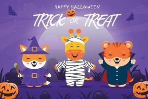 Settiere verwenden Kostüme für Halloween-Partyfeiern, lustige Kostüme mit gruseligen Halloween-Hintergründen. vektor