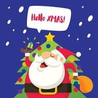 flaches design weihnachtsmann sagt hallo weihnachten und hält weihnachtsgeschenk auf weihnachtsbaumhintergrund vektor