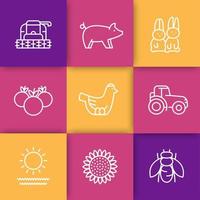 Farm, Ranch Line Icons Set, Henne und Eier, Schwein, Ernte, Gemüse, Sonnenblume, Ernte, Kaninchen, Vektorillustration vektor