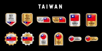 tillverkad i taiwansk etikett, stämpel, märke eller logotyp. med Taiwans nationella flagga. på platina, guld och silverfärger. premium- och lyxemblem vektor