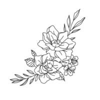 vacker illustration av blomsterarrangemang med lövverk i konturstil. en vektor handritad illustrerad för elementdekorationer. ofärgad ritning för att dekorera inbjudningar, kort etc.