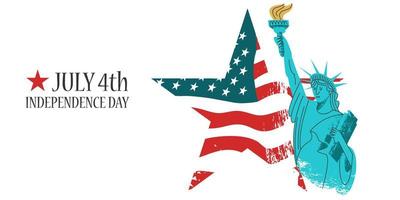 4 juli självständighetsdag. vektor affisch, gratulationskort. Frihetsgudinnan med en fackla i handen på bakgrunden av den amerikanska flaggan i form av en stjärna.