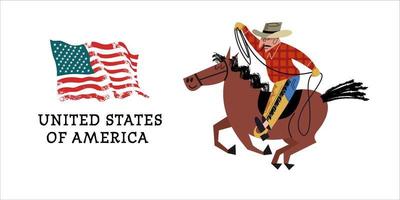 cowboy till häst. amerikanska flaggan. vektor illustration på vit bakgrund.