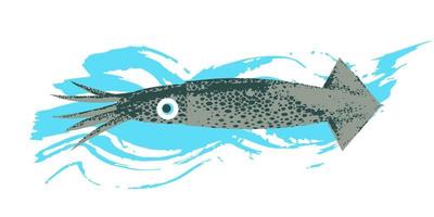 marint liv. skaldjur. kalmar. vektor illustration på vit bakgrund med blå textur våg.