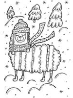 Malbuch für Kinder. handgezeichnete Doodle Winter-Vektor-Illustration. Frohe Weihnachten 2022. Ein Lama in einem Hut mit Seilen und Pompons und einem Schal steht in einem verschneiten Wald mit Weihnachtsbäumen. vektor