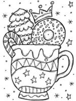 Malbuch für Kinder. handgezeichnete Doodle Winter-Vektor-Illustration. Frohe Weihnachten 2022. Ein Weihnachtsbaum, ein Donut, ein Lutscher und eine Krone in einer Tasse mit Ornament. vektor