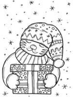 barns målarbok. handritade doodle vinter vektorillustration. god jul 2022. Årets symbol. en tiger i mössa och halsduk och en present med cirklar. vektor