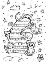 Malbuch für Kinder. handgezeichnete Doodle-Vektor-Illustration mit Zahlen und Tieren. sechs Katzen mit Pfoten, Sternen und Blumen. vektor