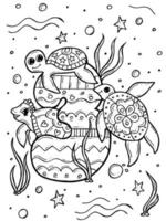Malbuch für Kinder. handgezeichnete Doodle-Vektor-Illustration mit Zahlen und Tieren. Drei Meeresschildkröten schwimmen mit Blasen. vektor