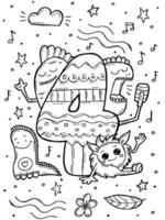 barns målarbok. handritade doodle vektorillustration med siffror och djur. fyra söta dinosauriemonster sjunger och lyssnar på musik. vektor