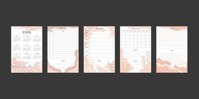 2024-Kalender und tägliche wöchentliche Monatsplaner-Kollektion mit trendigen handgezeichneten organischen Formen und floralen botanischen Elementen in pastellneutraler Palette vektor