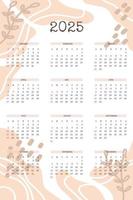 Kalender 2025 mit trendigen handgezeichneten organischen Formen und floralen botanischen Elementen in beige neutraler Palette vektor