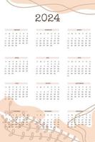 2024 kalender med trendiga handritade organiska former och blommiga botaniska element i beige neutral palett vektor