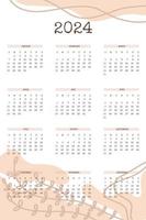 Kalender 2024 mit trendigen handgezeichneten organischen Formen und floralen botanischen Elementen in beige neutraler Palette vektor