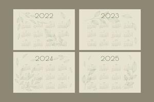2022 2023 2024 2025 Kalender mit handgezeichneten Blättern und Zweigen, Planer Organizer Vorlage im grünen natürlichen Öko-Stil vektor