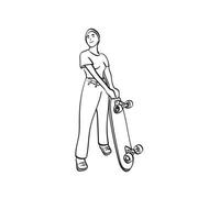 stehende Frau mit Skateboard Illustration Vektor Hand gezeichnet isoliert auf weißem Hintergrund Strichzeichnungen.