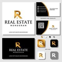 Buchstabe r Monogramm Immobilien Logo Design mit Visitenkartenvorlage. vektor