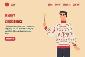 Frohe Weihnachten-Landing-Page-Vektor-Vorlage. Mann in hässlichen Pullovern mit Wunderkerzen. Feiern Sie traditionelles Winterevent-Webbanner. flache Vektorillustration vektor